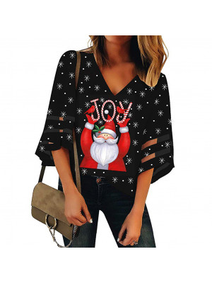 Ladies Womens Christmas Xmas Printed Casual Pullover V Neck Tops T Shirt Blouse