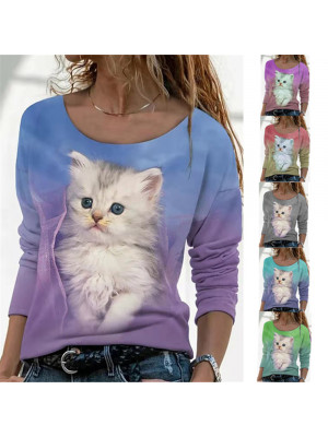 Plus Size Womens Cat Long Sleeve T Shirt Ladies Blouse Loose Pullover Tops Tee