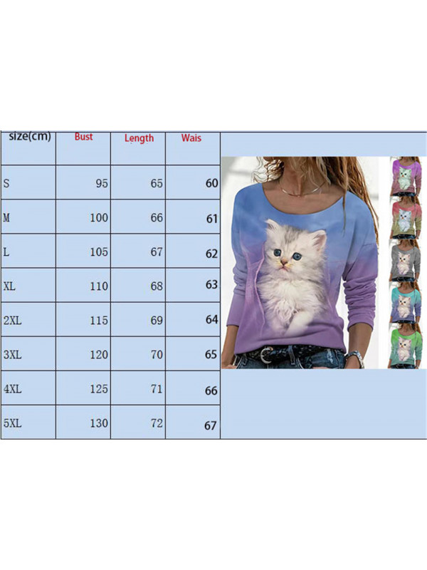 Plus Size Womens Cat Long Sleeve T Shirt Ladies Blouse Loose Pullover Tops Tee