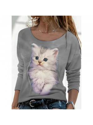 Plus Size Womens Cat Long Sleeve T Shirt Ladies Blouse Loose Pullover Tops Tee