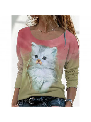 Plus Size Womens Cat Long Sleeve T Shirt Ladies Blouse Loose Pullover Tops Tee