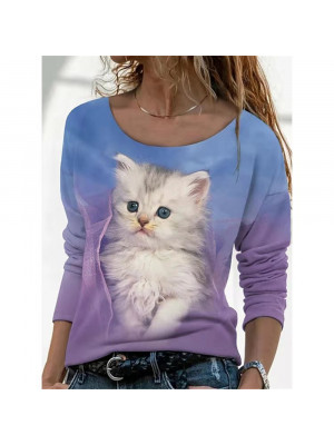 Plus Size Womens Cat Long Sleeve T Shirt Ladies Blouse Loose Pullover Tops Tee