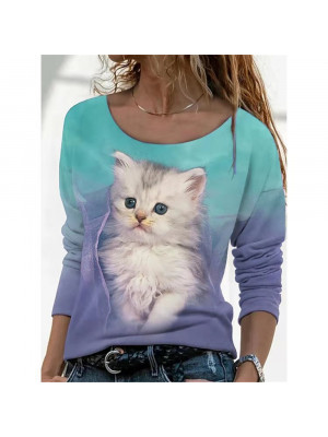 Plus Size Womens Cat Long Sleeve T Shirt Ladies Blouse Loose Pullover Tops Tee