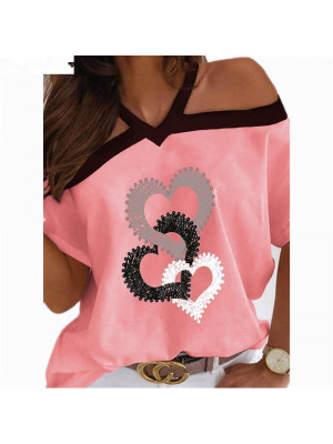 Plus Size Womens Heart Slim Tops Short Sleeve Blouse Ladies T Shirt Summer Tee