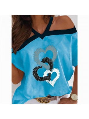 Plus Size Womens Heart Slim Tops Short Sleeve Blouse Ladies T Shirt Summer Tee