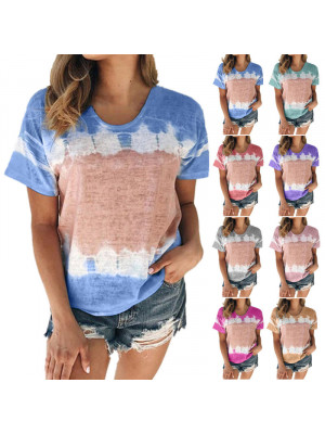 Womens Summer Tie Dye Short Sleeve Pullover Tops Ladies Casual Loose Blouse Tee