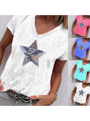 Womens Summer V Neck Star Print Tops Blouse Ladies Short Sleeve T Shirts Plus UK Size