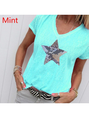 Womens Summer V Neck Star Print Tops Blouse Ladies Short Sleeve T Shirts Plus UK Size