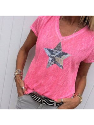 Womens Summer V Neck Star Print Tops Blouse Ladies Short Sleeve T Shirts Plus UK Size