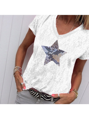 Womens Summer V Neck Star Print Tops Blouse Ladies Short Sleeve T Shirts Plus UK Size