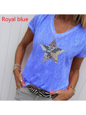 Womens Summer V Neck Star Print Tops Blouse Ladies Short Sleeve T Shirts Plus UK Size