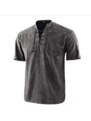 Mens Linen Style Short Sleeve Solid T Shirts Casual Fit Formal Dress Tops Tee Pullover Blouse UK