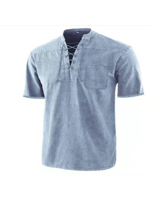 Mens Linen Style Short Sleeve Solid T Shirts Casual Fit Formal Dress Tops Tee Pullover Blouse UK