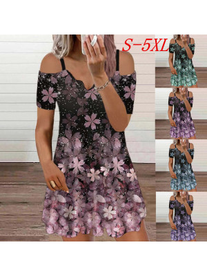 Women Summer Floral Boho Cold Sleeve Short Mini Dress Casual Holiday Dresses Plus Size