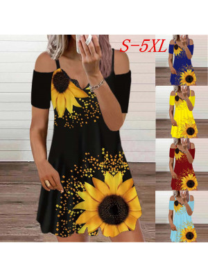 Womens Summer Sunflower Floral V Neck Boho Cold Sleeve Mini Dress Casual Holiday Dresses