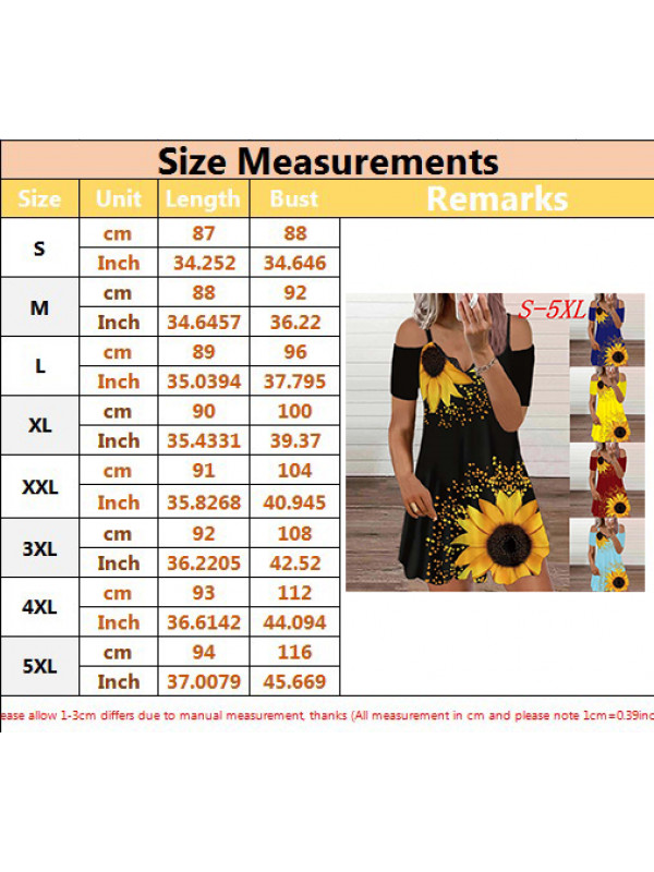 Womens Summer Sunflower Floral V Neck Boho Cold Sleeve Mini Dress Casual Holiday Dresses