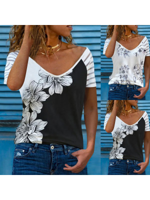 Womens Stripe Floral Pullover Loose Tops Short Sleeve Blouse Ladies T Shirt Tee Plus UK Size