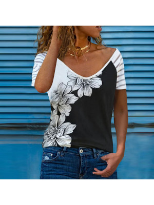 Womens Stripe Floral Pullover Loose Tops Short Sleeve Blouse Ladies T Shirt Tee Plus UK Size