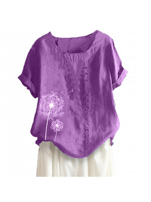 Womens Summer Dandelion Short Sleeve Tops Ladies Floral Loose T-shirt Blouse UK