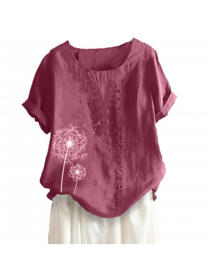 Womens Summer Dandelion Short Sleeve Tops Ladies Floral Loose T-shirt Blouse UK