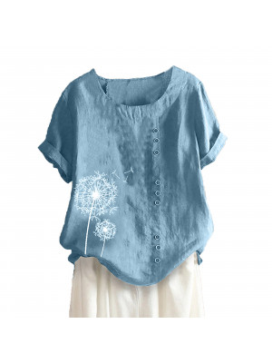 Womens Summer Dandelion Short Sleeve Tops Ladies Floral Loose T-shirt Blouse UK