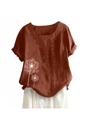 Womens Summer Dandelion Short Sleeve Tops Ladies Floral Loose T-shirt Blouse UK