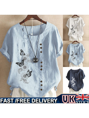 Womens Summer Butterfly Linen Loose Blouse Floral T-Shirts Ladies Tops Plus Size Flower