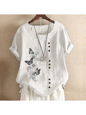 Womens Summer Butterfly Linen Loose Blouse Floral T-Shirts Ladies Tops Plus Size Flower