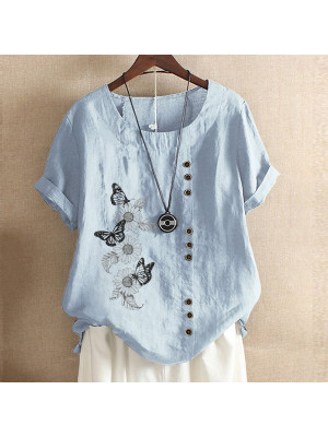 Womens Summer Butterfly Linen Loose Blouse Floral T-Shirts Ladies Tops Plus Size Flower