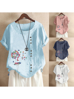 Womens Summer COTTON LINED Short Sleeve Tops Ladies Floral Butterfly Loose T Shirts Blouse UK PLUS SIZE