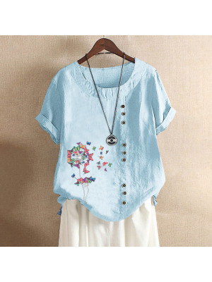 Womens Summer COTTON LINED Short Sleeve Tops Ladies Floral Butterfly Loose T Shirts Blouse UK PLUS SIZE