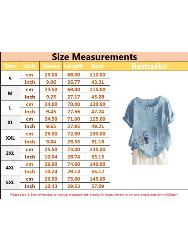 PLUS Womens Summer Linen Short Sleeve Tops Ladies Floral Flower Loose T Shirts Blouse UK SIZE