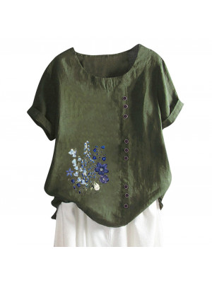 PLUS Womens Summer Linen Short Sleeve Tops Ladies Floral Flower Loose T Shirts Blouse UK SIZE