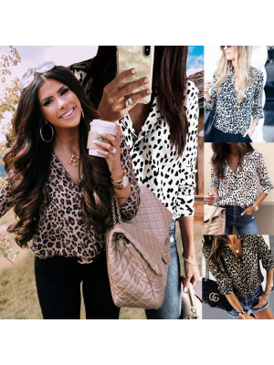 Womens Ladies Leopard Print Button T-Shirt Office Tops Pullover Blouse Jumper UK