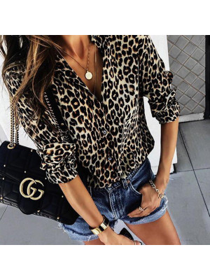 Womens Ladies Leopard Print Button T-Shirt Office Tops Pullover Blouse Jumper UK