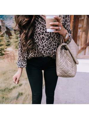 Womens Ladies Leopard Print Button T-Shirt Office Tops Pullover Blouse Jumper UK