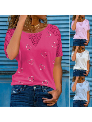 Womens Heart Slim Tops Short Sleeve Blouse Ladies T Shirt Summer Tee Plus Size Lace UK