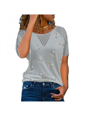 Womens Heart Slim Tops Short Sleeve Blouse Ladies T Shirt Summer Tee Plus Size Lace UK