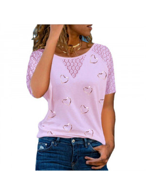 Womens Heart Slim Tops Short Sleeve Blouse Ladies T Shirt Summer Tee Plus Size Lace UK