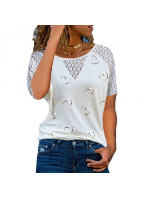 Womens Heart Slim Tops Short Sleeve Blouse Ladies T Shirt Summer Tee Plus Size Lace UK