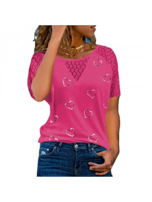 Womens Heart Slim Tops Short Sleeve Blouse Ladies T Shirt Summer Tee Plus Size Lace UK