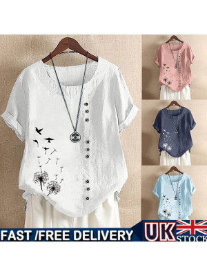 Womens Summer Short Sleeve Tops Ladies Floral Loose T Shirts  Cotton Lined Blouse Pullover UK Size