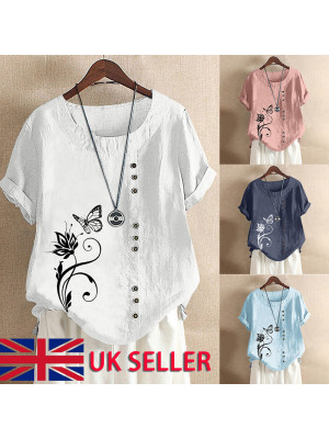 Womens Summer Short Sleeve Tops Floral Butterfly Loose T Shirts Blouse COTTON LINED Pullover 