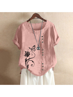 Womens Summer Short Sleeve Tops Floral Butterfly Loose T Shirts Blouse COTTON LINED Pullover 