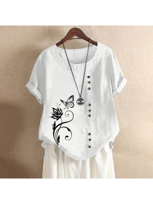 Womens Summer Short Sleeve Tops Floral Butterfly Loose T Shirts Blouse COTTON LINED Pullover 