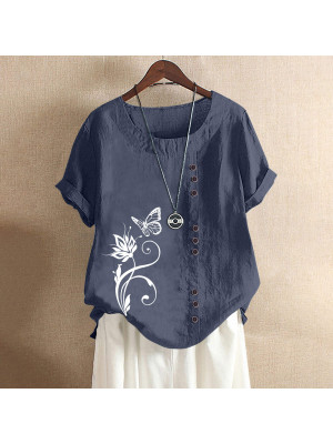 Womens Summer Short Sleeve Tops Floral Butterfly Loose T Shirts Blouse COTTON LINED Pullover 