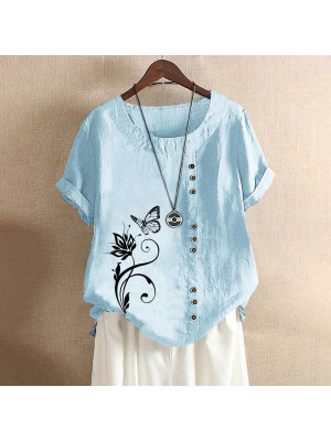 Womens Summer Short Sleeve Tops Floral Butterfly Loose T Shirts Blouse COTTON LINED Pullover 