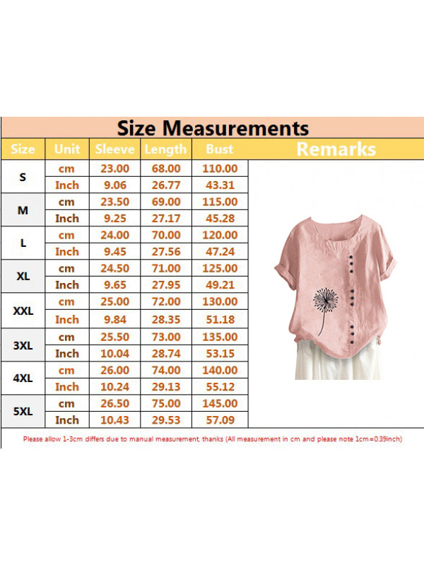 Womens Summer Linen Short Sleeve Tops Ladies Floral Flower Loose T Shirts Blouse Pullover