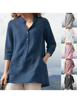 Womens Cotton Linen Casual Blouse Baggy Ladies Button T-Shirt Top Summer Tunic Solid Pullover