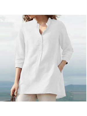 Womens Cotton Linen Casual Blouse Baggy Ladies Button T-Shirt Top Summer Tunic Solid Pullover